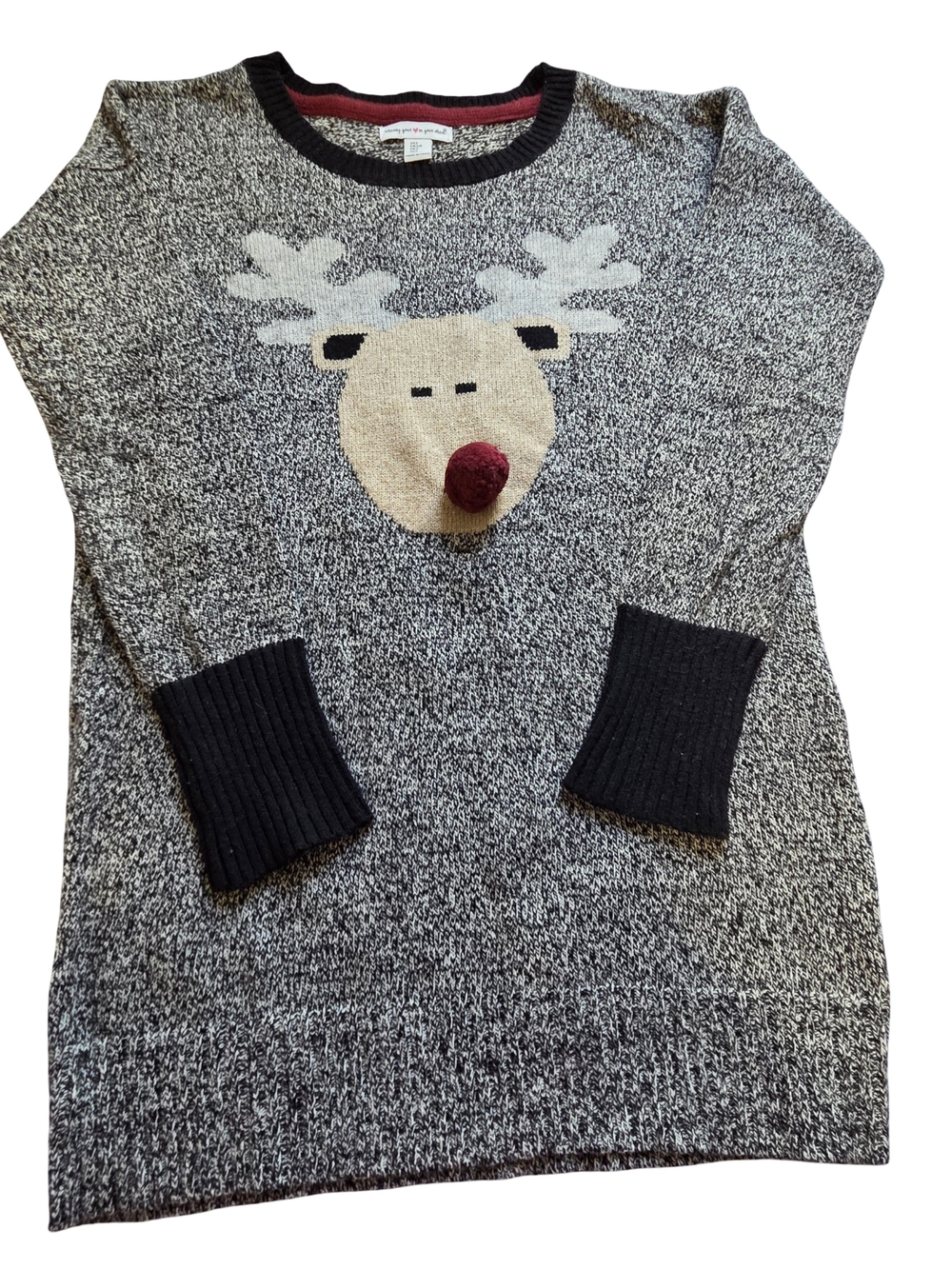 Women’s Gray Reindeer Knit Sweater with Pom Pom Nose